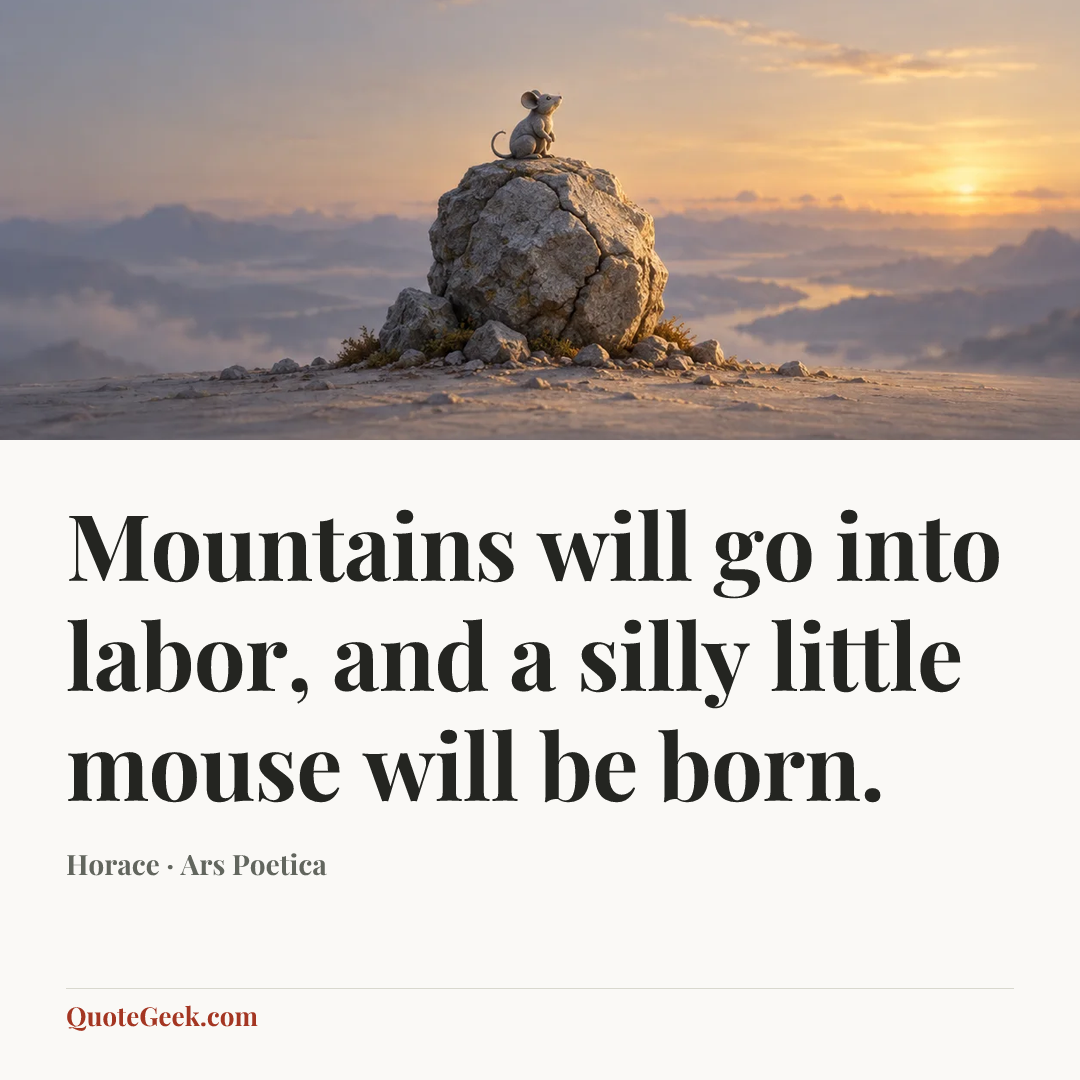“Mountains will go into labor, and a silly little mouse will be born.” — Horace · Ars Poetica. Illustrated QuoteGeek card.