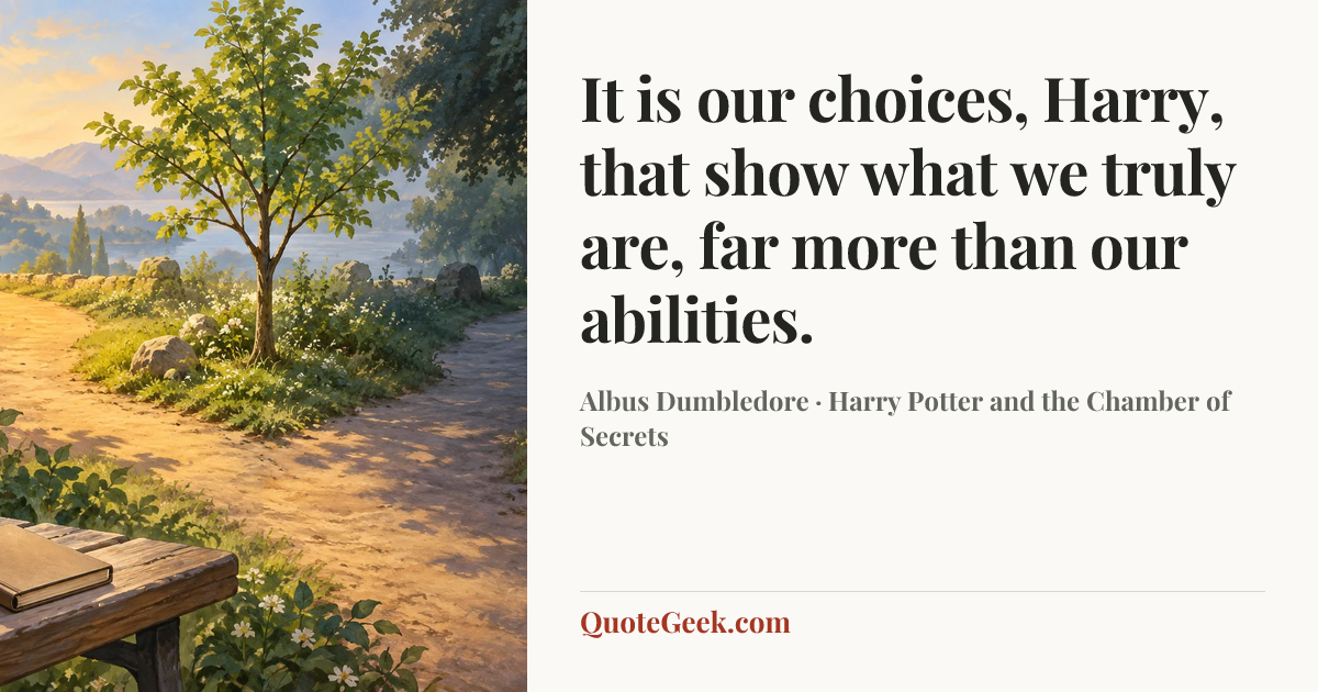 “It is our choices, Harry, that show what we truly are, far more than our abilities.” — Albus Dumbledore · Harry Potter and the Chamber of Secrets. Illustrated QuoteGeek card.