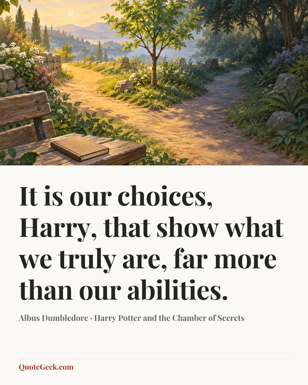 “It is our choices, Harry, that show what we truly are, far more than our abilities.” — Albus Dumbledore · Harry Potter and the Chamber of Secrets. Illustrated QuoteGeek card.