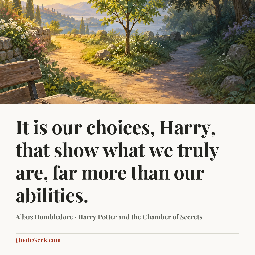 “It is our choices, Harry, that show what we truly are, far more than our abilities.” — Albus Dumbledore · Harry Potter and the Chamber of Secrets. Illustrated QuoteGeek card.