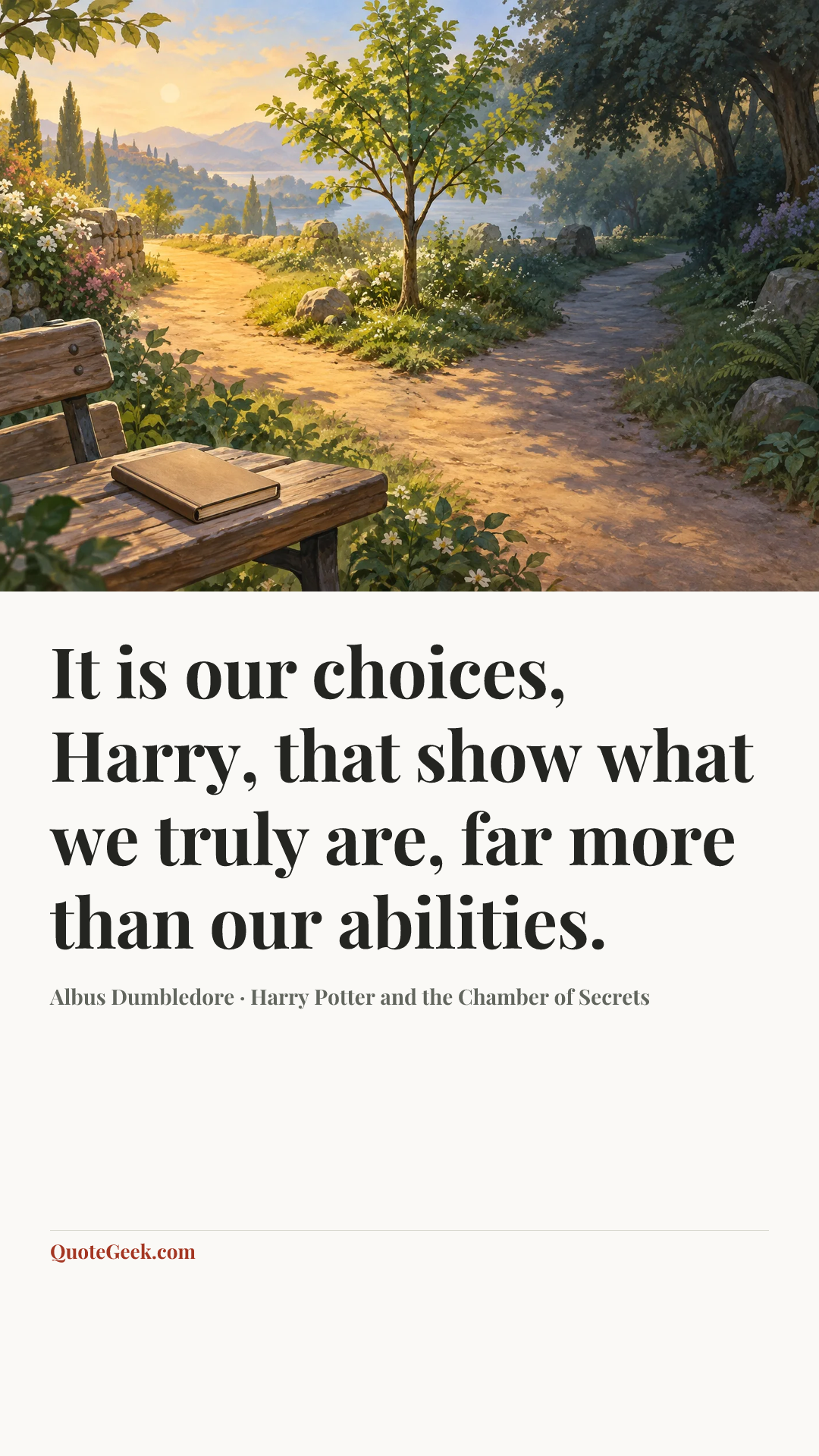 “It is our choices, Harry, that show what we truly are, far more than our abilities.” — Albus Dumbledore · Harry Potter and the Chamber of Secrets. Illustrated QuoteGeek card.
