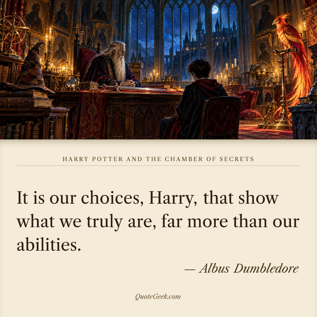 “It is our choices, Harry, that show what we truly are, far more than our abilities.” — Albus Dumbledore · Harry Potter and the Chamber of Secrets. Illustrated QuoteGeek card.