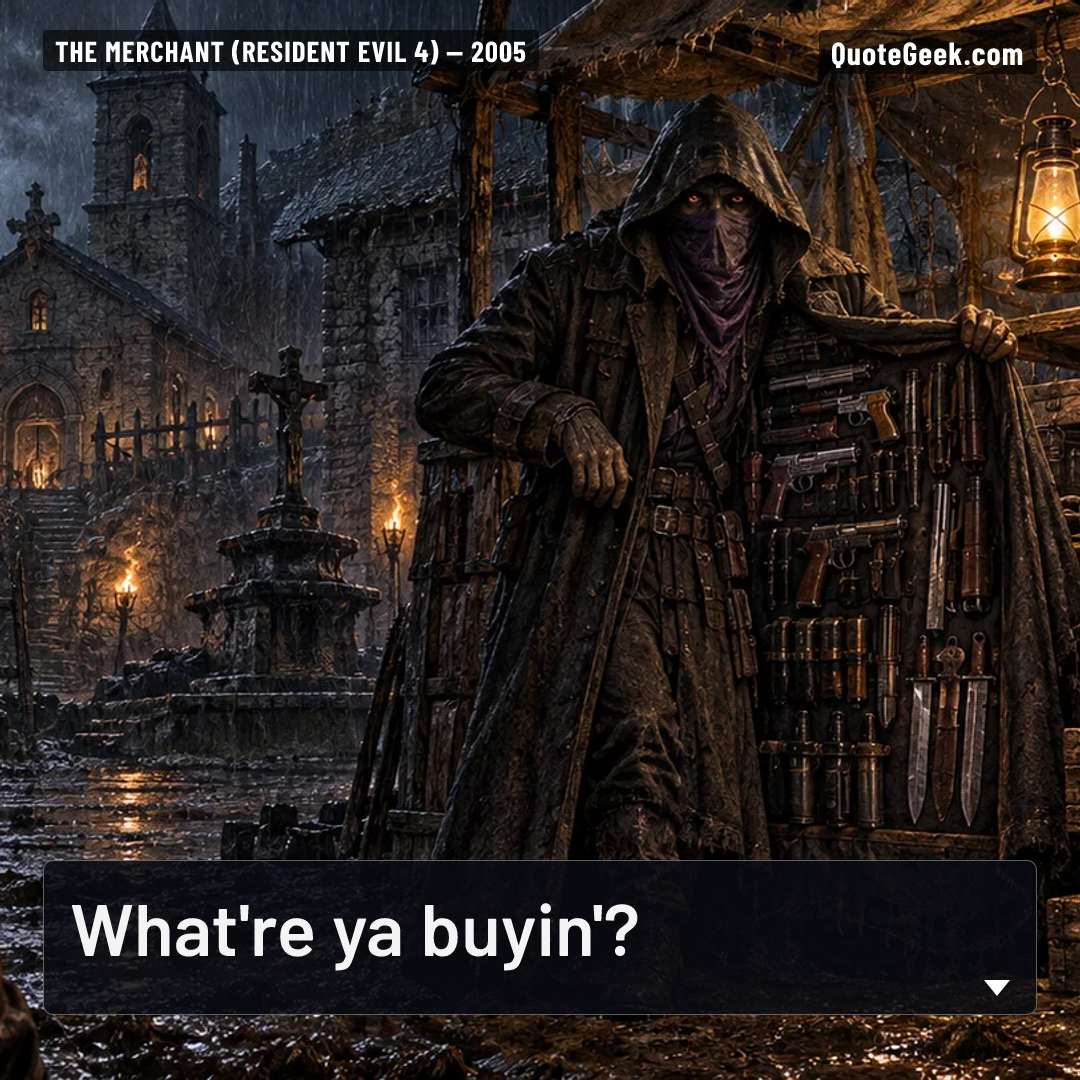 “What're ya buyin'?” — The Merchant (Resident Evil 4) · Resident Evil 4. Illustrated QuoteGeek card.