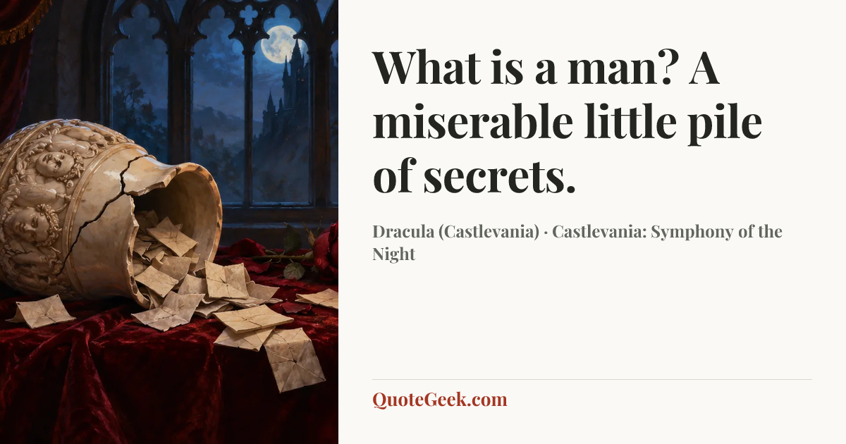 “What is a man? A miserable little pile of secrets.” — Dracula (Castlevania) · Castlevania: Symphony of the Night. Illustrated QuoteGeek card.