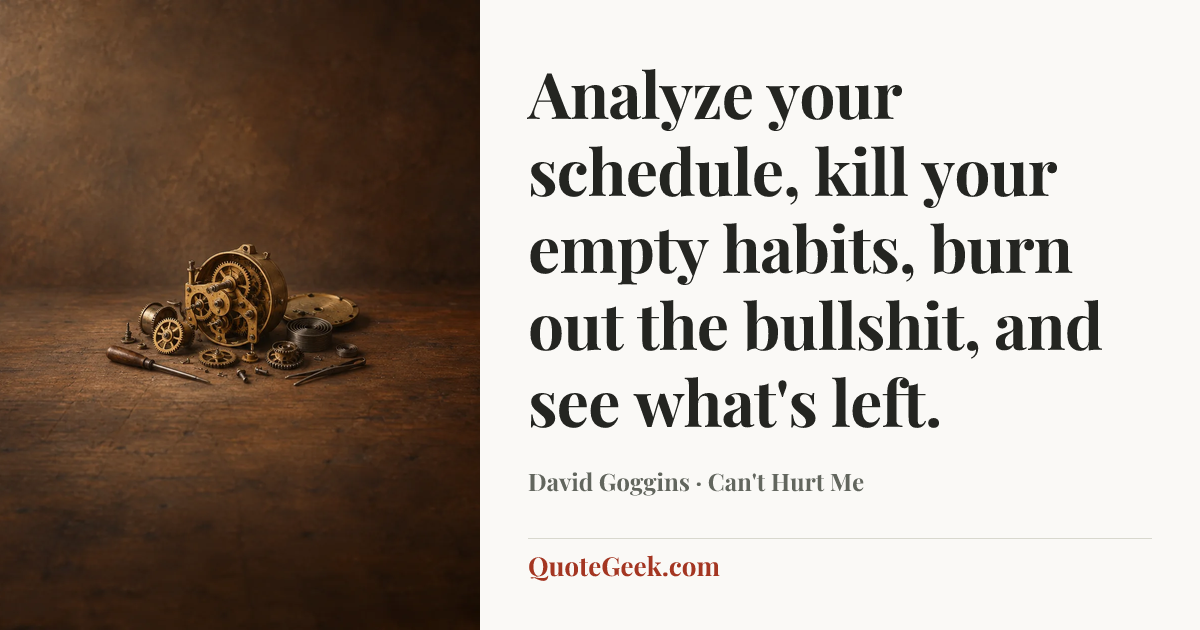 “Analyze your schedule, kill your empty habits, burn out the bullshit, and see what's left.” — David Goggins · Can't Hurt Me. Illustrated QuoteGeek card.