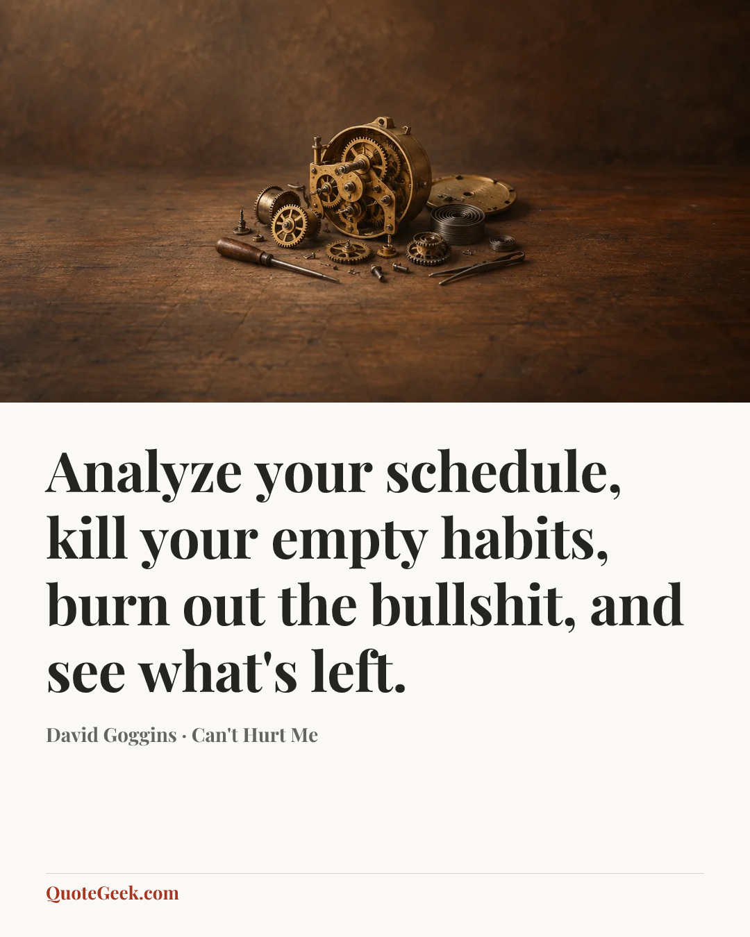 “Analyze your schedule, kill your empty habits, burn out the bullshit, and see what's left.” — David Goggins · Can't Hurt Me. Illustrated QuoteGeek card.