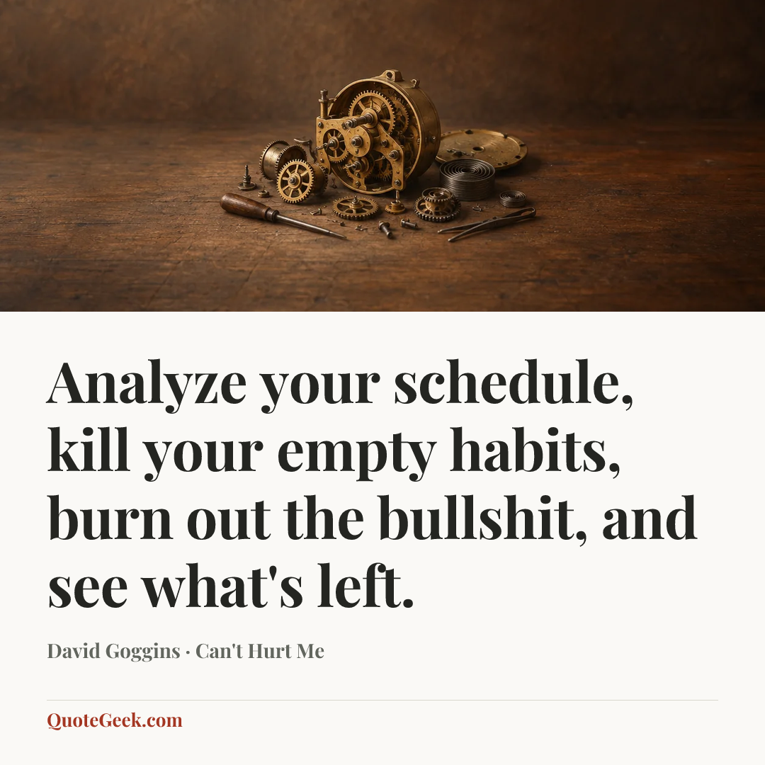 “Analyze your schedule, kill your empty habits, burn out the bullshit, and see what's left.” — David Goggins · Can't Hurt Me. Illustrated QuoteGeek card.