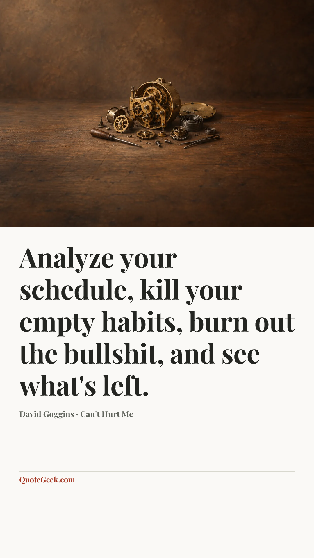 “Analyze your schedule, kill your empty habits, burn out the bullshit, and see what's left.” — David Goggins · Can't Hurt Me. Illustrated QuoteGeek card.