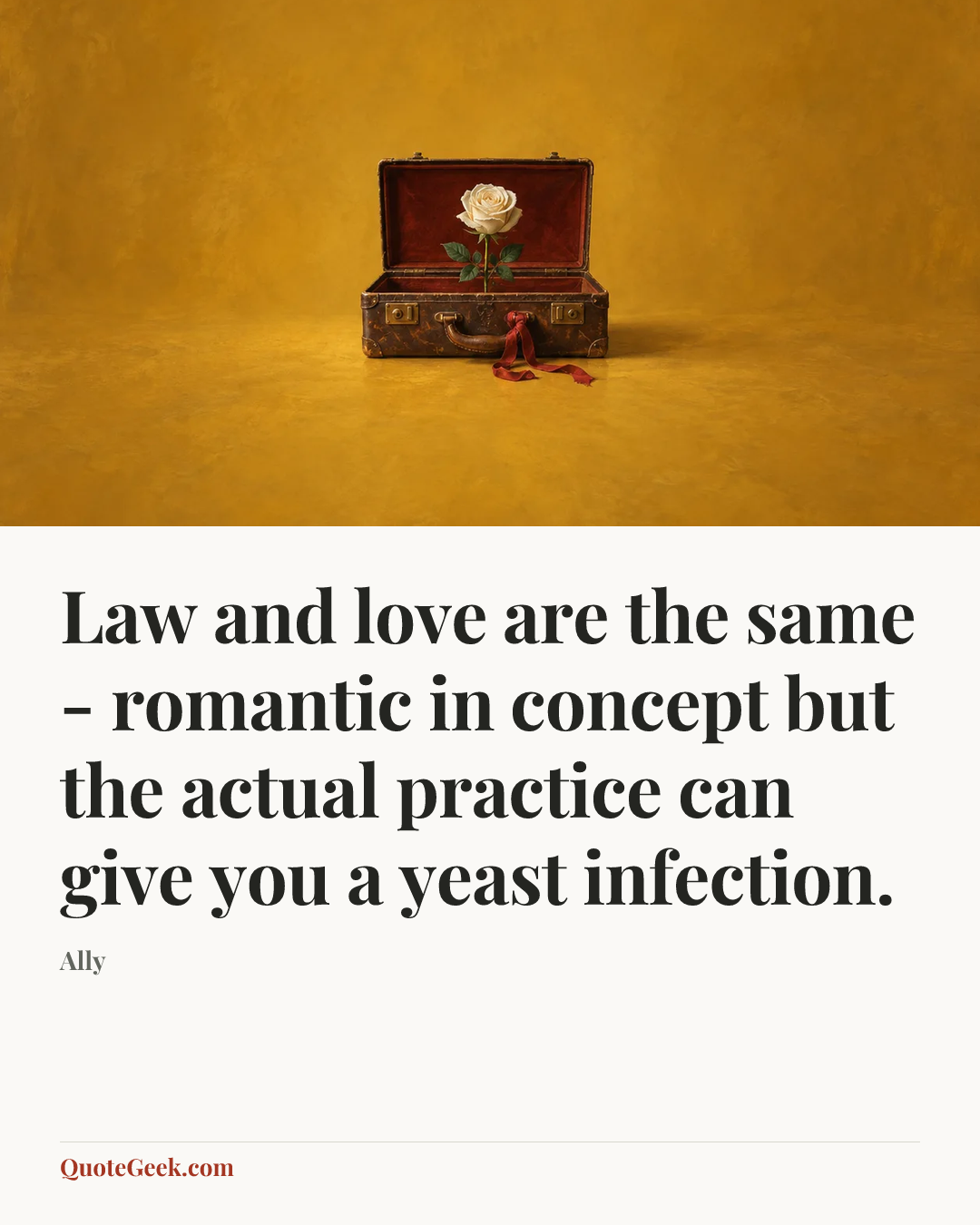 “Law and love are the same - romantic in concept but the actual practice can give you a yeast infection.” — Ally. Illustrated QuoteGeek card.