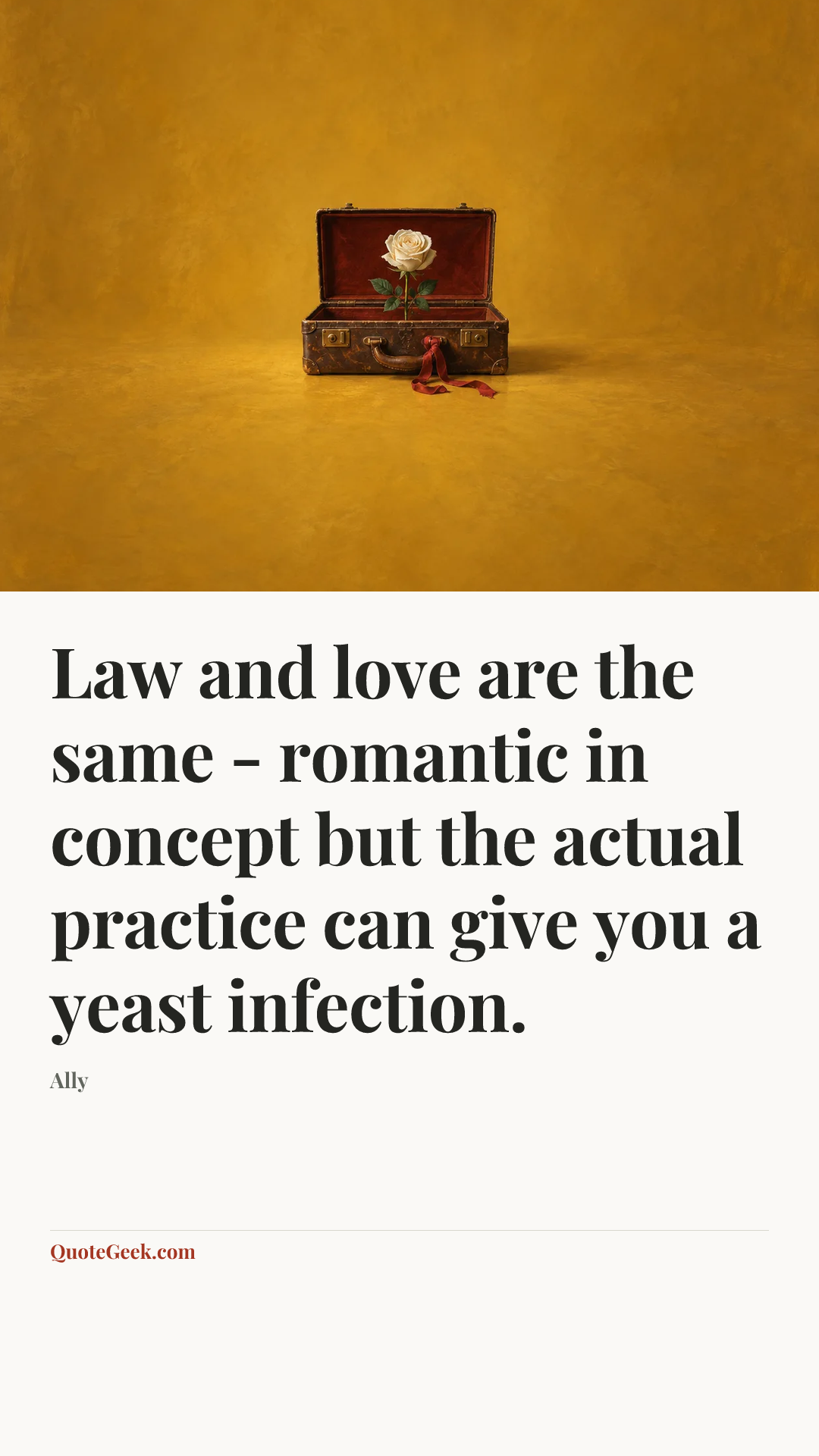 “Law and love are the same - romantic in concept but the actual practice can give you a yeast infection.” — Ally. Illustrated QuoteGeek card.