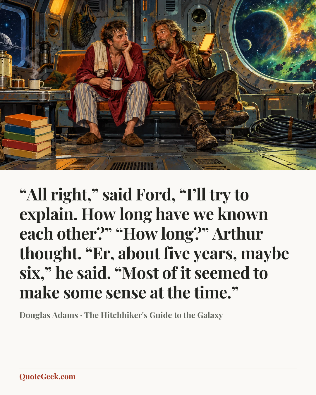 ““All right,” said Ford, “I’ll try to explain. How long have we known each other?”
“How long?” Arthur thought. “Er, about five years, maybe six,” he said. “Most of it seemed to make some sense at the time.”” — Douglas Adams · The Hitchhiker's Guide to the Galaxy. Illustrated QuoteGeek card.
