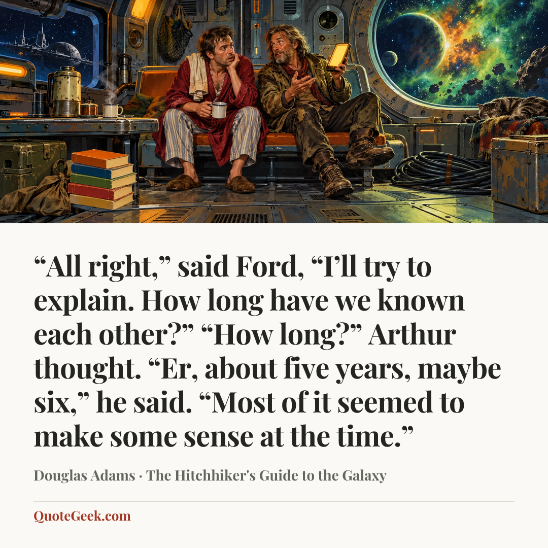 ““All right,” said Ford, “I’ll try to explain. How long have we known each other?”
“How long?” Arthur thought. “Er, about five years, maybe six,” he said. “Most of it seemed to make some sense at the time.”” — Douglas Adams · The Hitchhiker's Guide to the Galaxy. Illustrated QuoteGeek card.