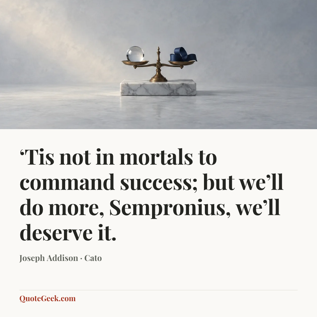 “‘Tis not in mortals to command success; but we’ll do more, Sempronius, we’ll deserve it.” — Joseph Addison · Cato. Illustrated QuoteGeek card.
