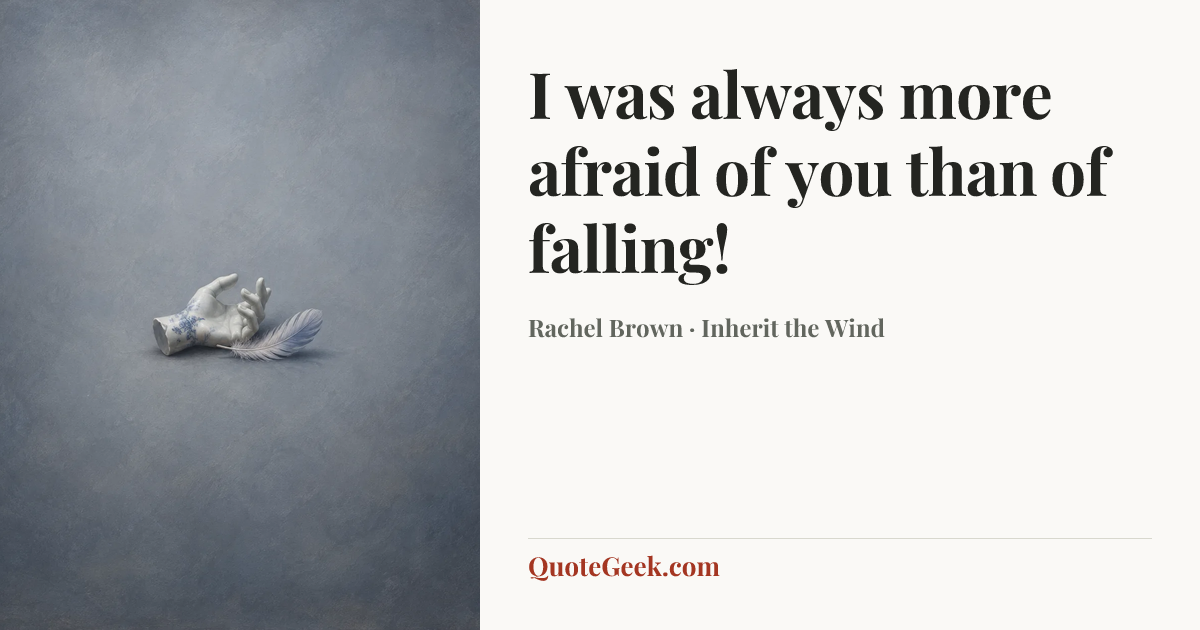 “I was always more afraid of you than of falling!” — Rachel Brown · Inherit the Wind. Illustrated QuoteGeek card.
