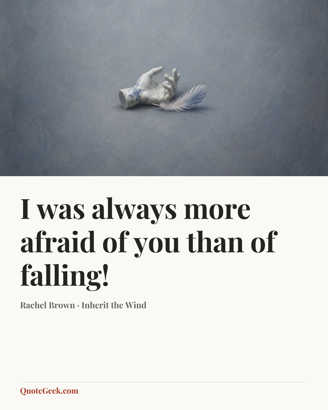 “I was always more afraid of you than of falling!” — Rachel Brown · Inherit the Wind. Illustrated QuoteGeek card.