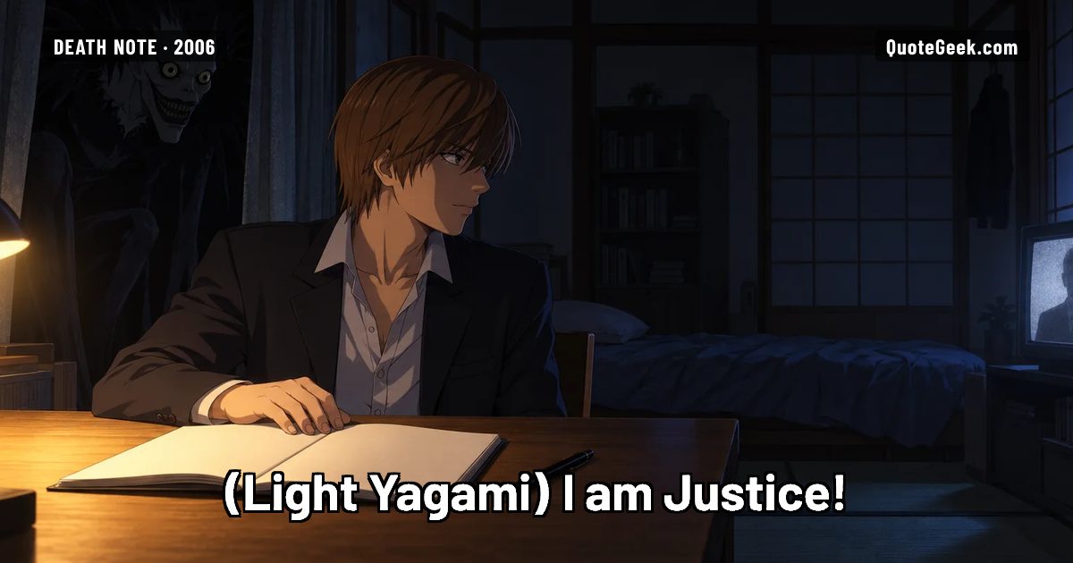 “I am Justice!” — Light Yagami · Death Note. Illustrated QuoteGeek card.