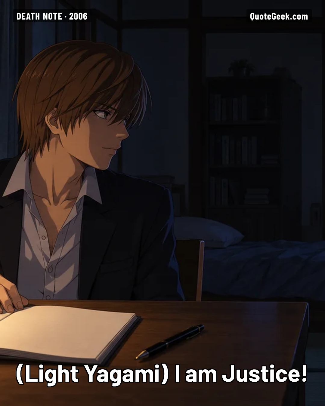 “I am Justice!” — Light Yagami · Death Note. Illustrated QuoteGeek card.