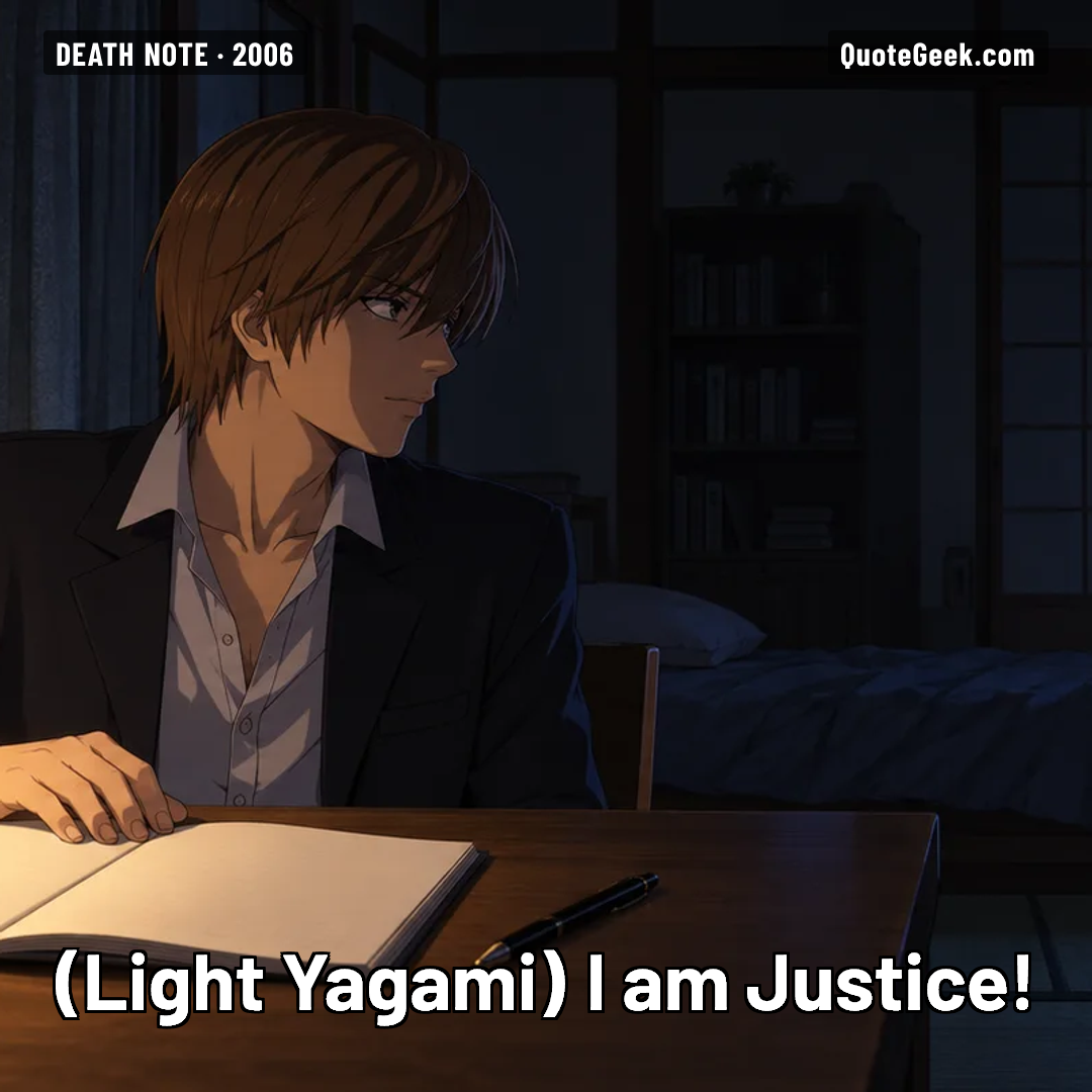 “I am Justice!” — Light Yagami · Death Note. Illustrated QuoteGeek card.