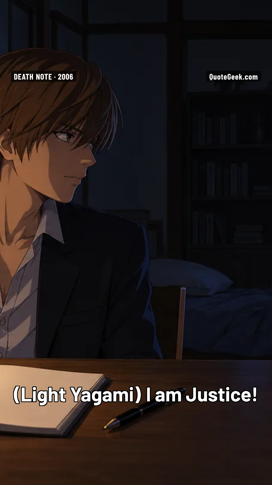 “I am Justice!” — Light Yagami · Death Note. Illustrated QuoteGeek card.