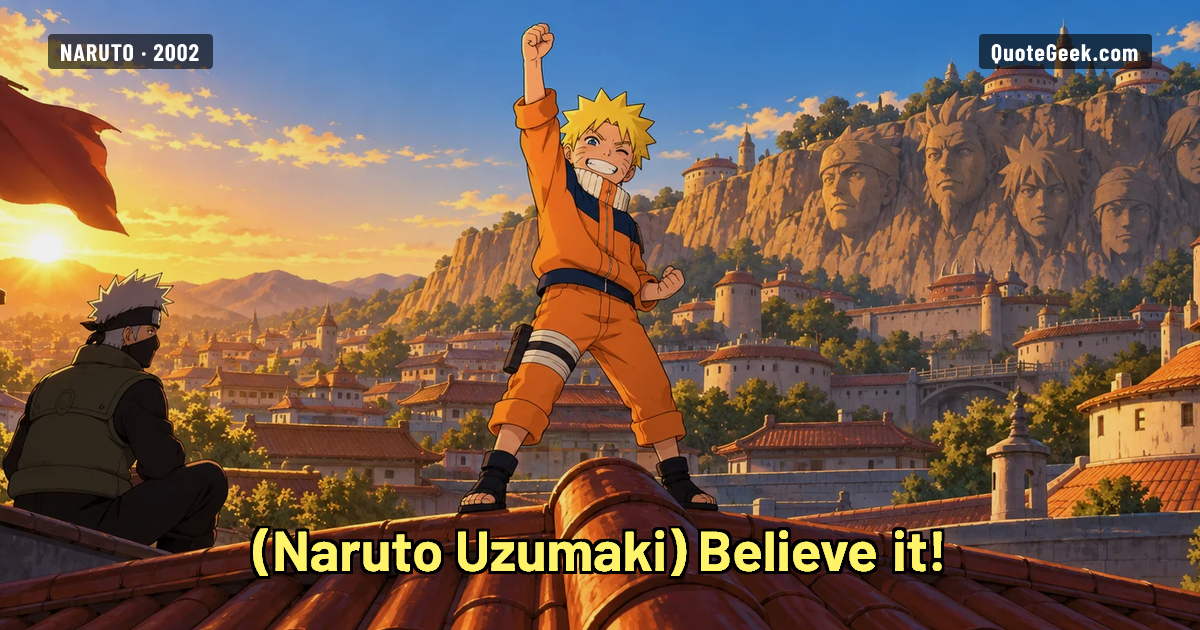 “Believe it!” — Naruto Uzumaki · Naruto. Illustrated QuoteGeek card.