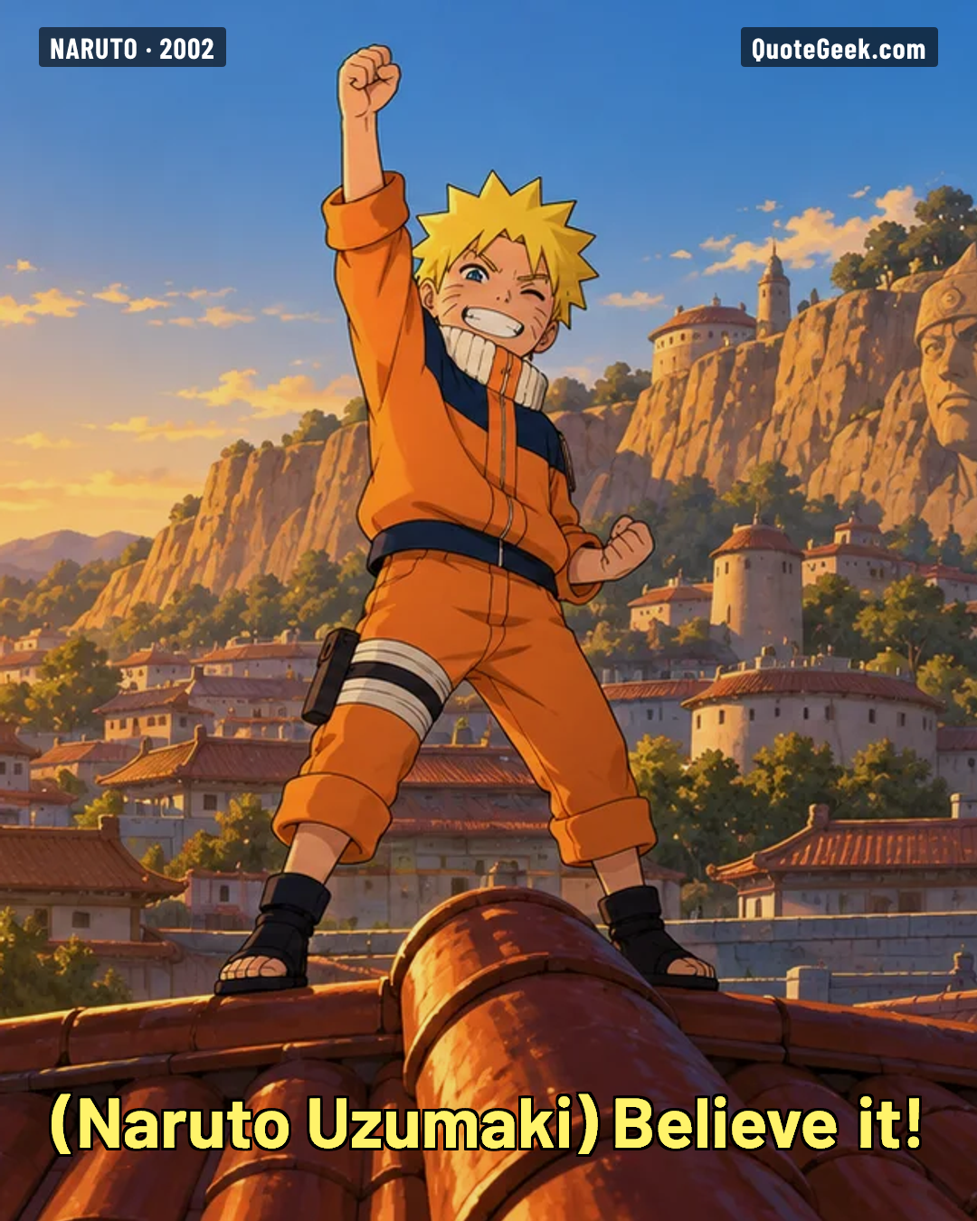 “Believe it!” — Naruto Uzumaki · Naruto. Illustrated QuoteGeek card.