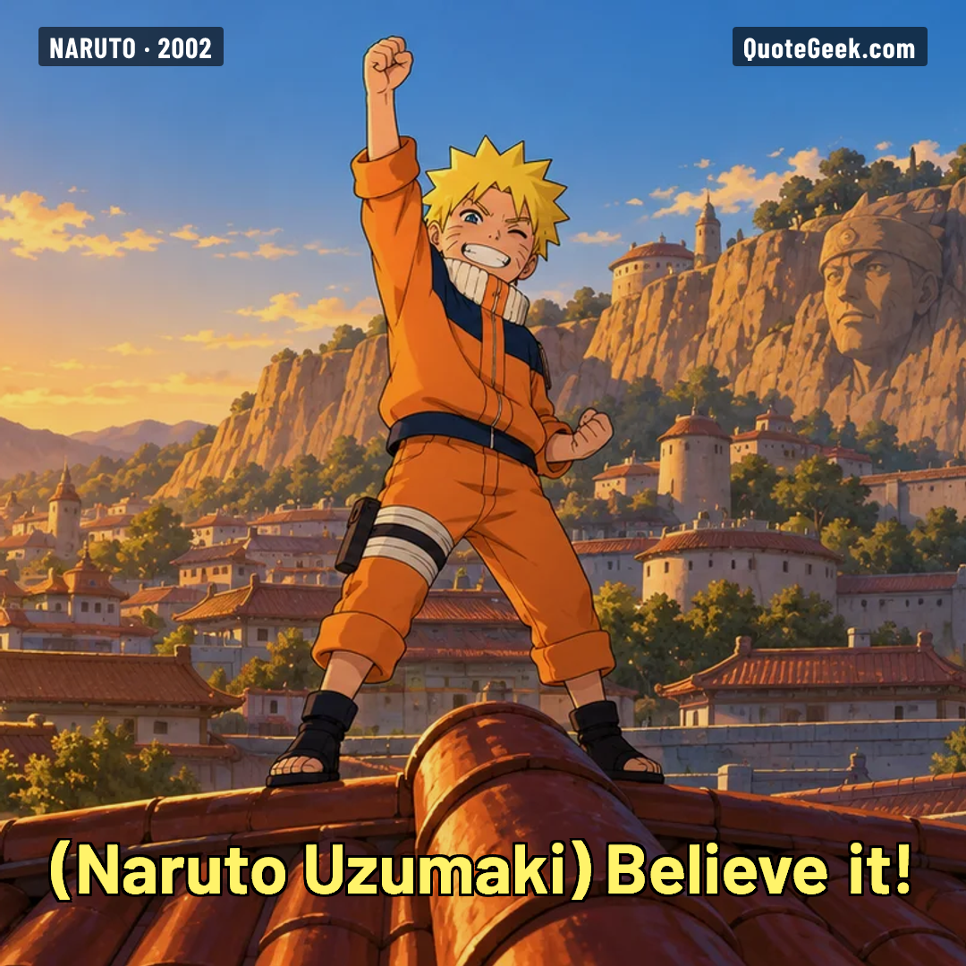 “Believe it!” — Naruto Uzumaki · Naruto. Illustrated QuoteGeek card.