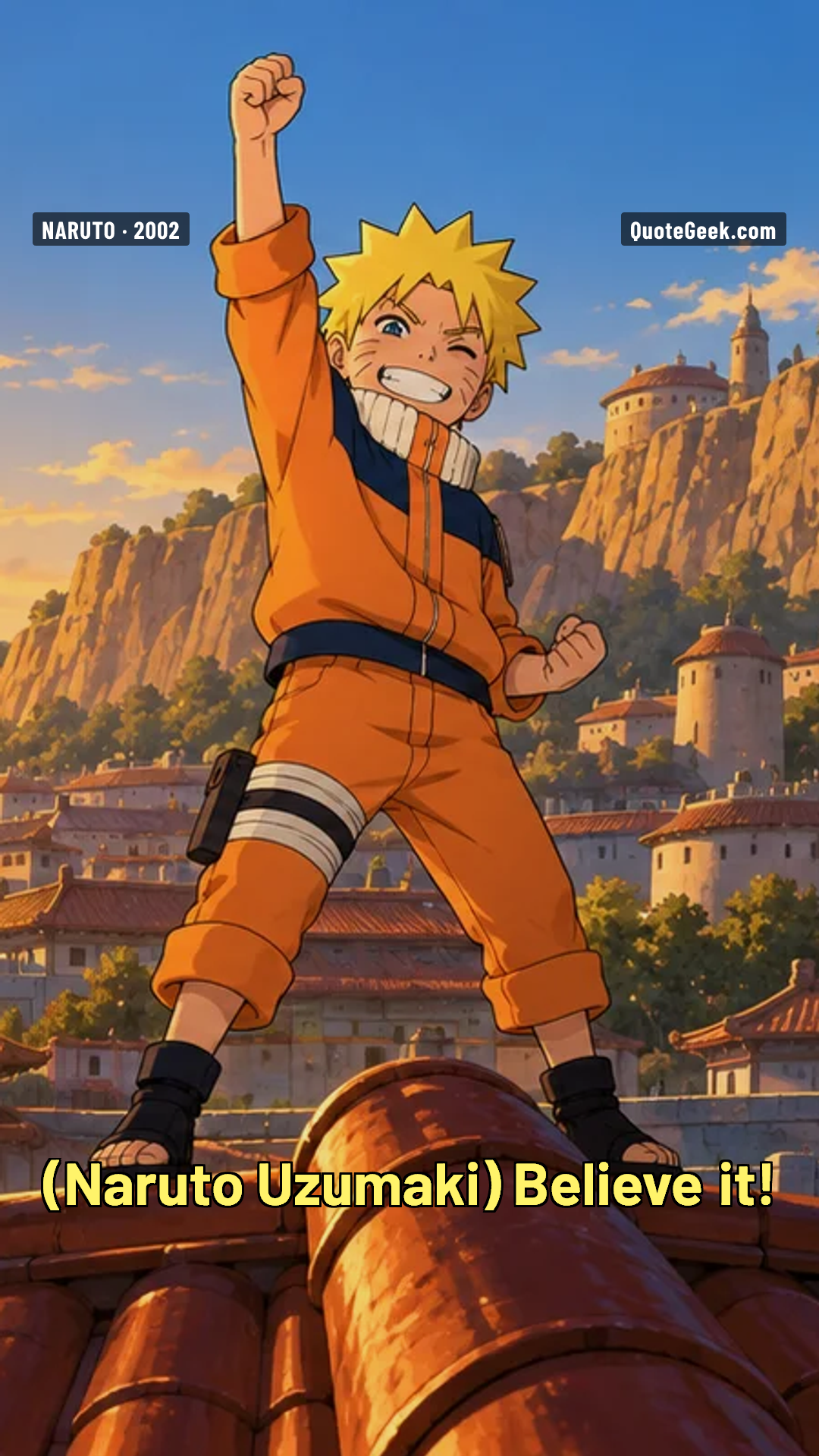 “Believe it!” — Naruto Uzumaki · Naruto. Illustrated QuoteGeek card.