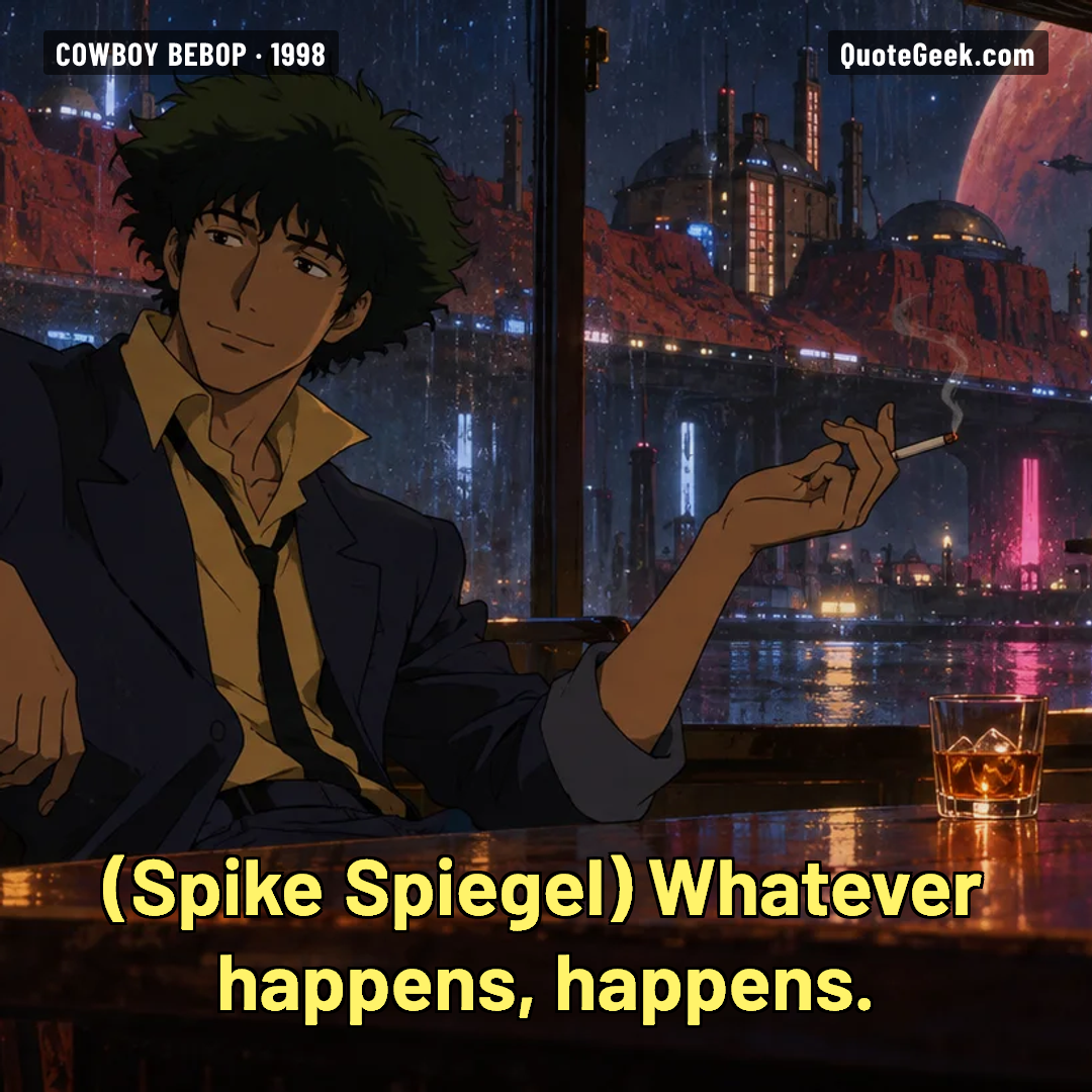 “Whatever happens, happens.” — Spike Spiegel · Cowboy Bebop. Illustrated QuoteGeek card.