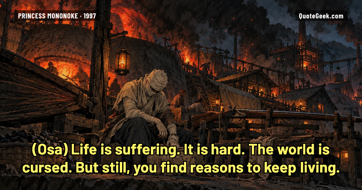 “Life is suffering. It is hard. The world is cursed. But still, you find reasons to keep living.” — Osa · Princess Mononoke. Illustrated QuoteGeek card.