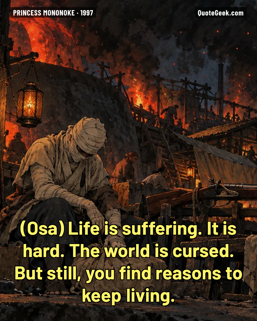 “Life is suffering. It is hard. The world is cursed. But still, you find reasons to keep living.” — Osa · Princess Mononoke. Illustrated QuoteGeek card.