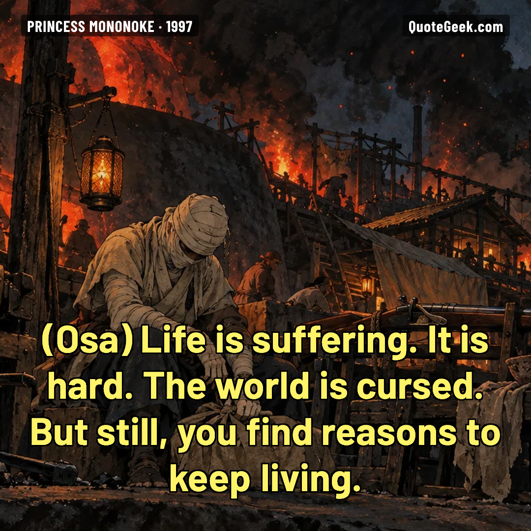 “Life is suffering. It is hard. The world is cursed. But still, you find reasons to keep living.” — Osa · Princess Mononoke. Illustrated QuoteGeek card.