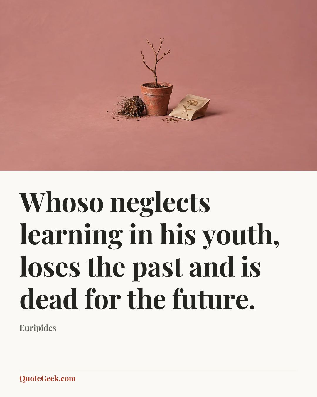 “Whoso neglects learning in his youth, loses the past and is dead for the future.” — Euripides. Illustrated QuoteGeek card.
