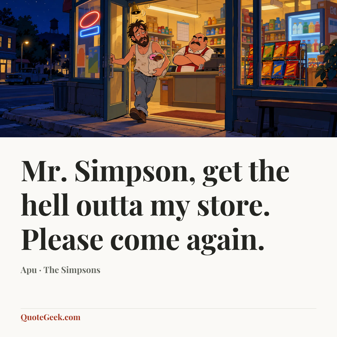 “Mr. Simpson, get the hell outta my store. Please come again.” — Apu · The Simpsons. Illustrated QuoteGeek card.