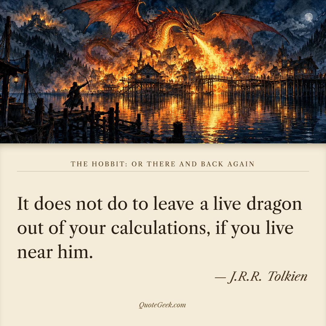 “It does not do to leave a live dragon out of your calculations, if you live near him.” — J.R.R. Tolkien · The Hobbit: or There and Back Again. Illustrated QuoteGeek card.