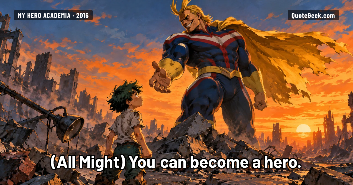 “You can become a hero.” — All Might · My Hero Academia. Illustrated QuoteGeek card.