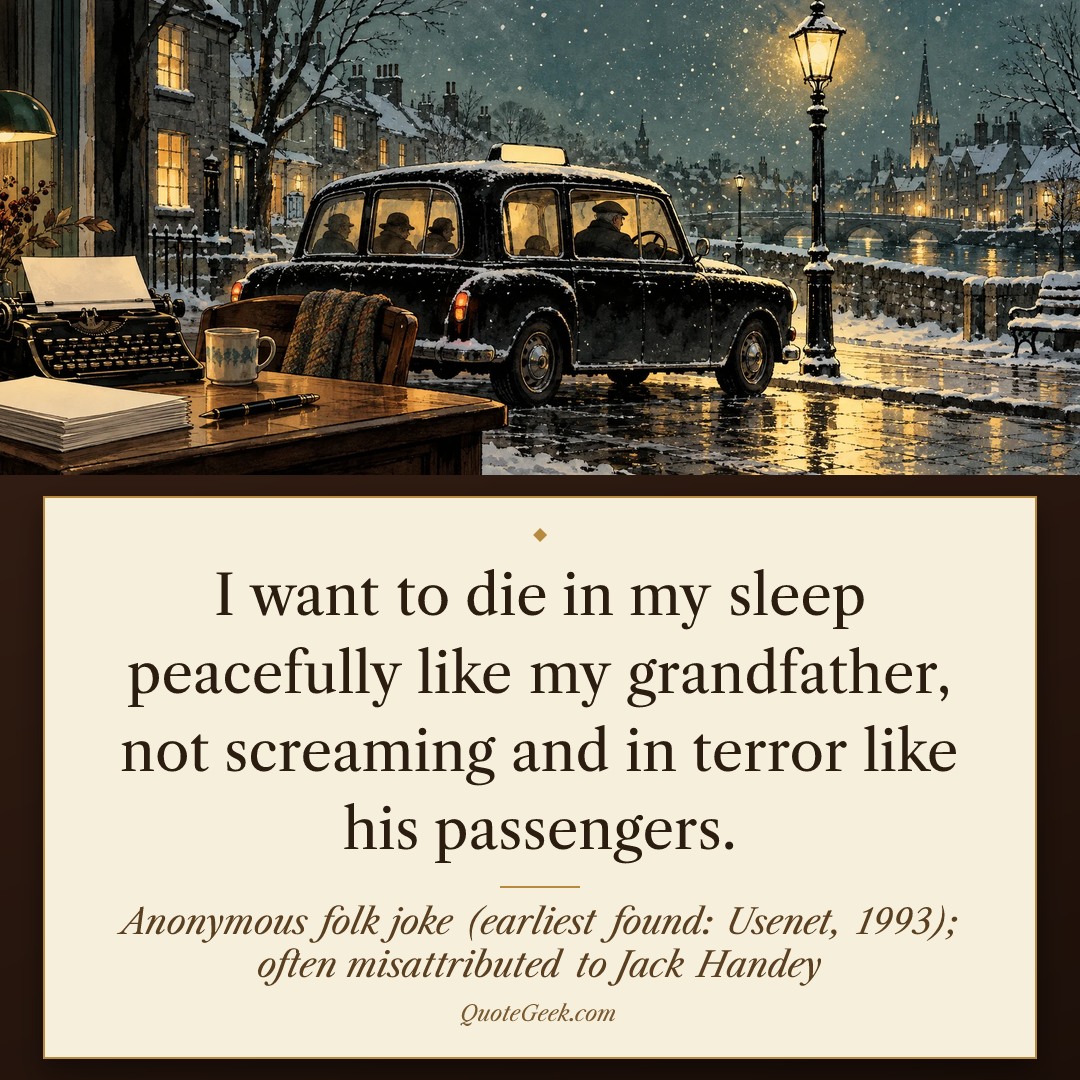 “I want to die in my sleep peacefully like my grandfather, not screaming and in terror like his passengers.” — Anonymous folk joke (earliest found: Usenet, 1993); often misattributed to Jack Handey. Illustrated QuoteGeek card.