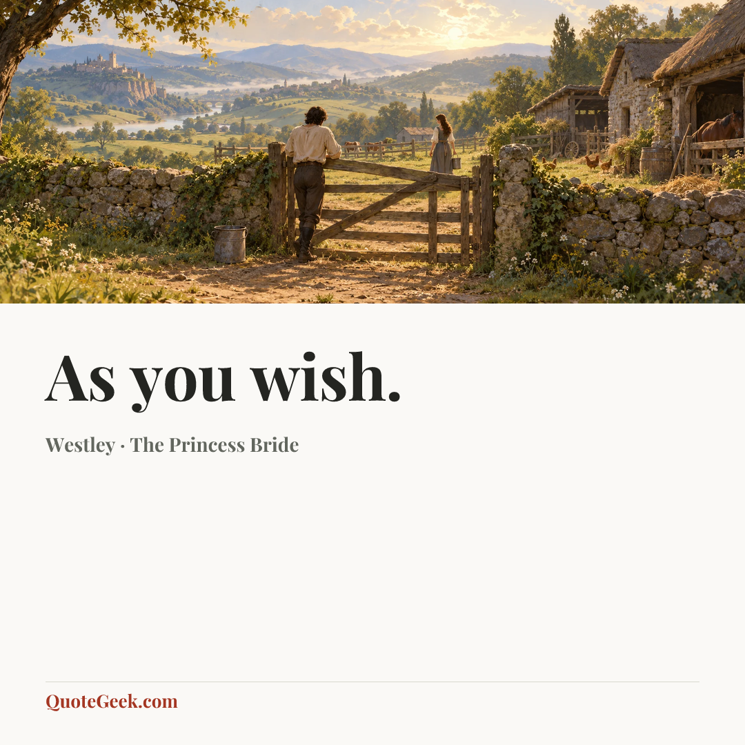 “As you wish.” — Westley · The Princess Bride. Illustrated QuoteGeek card.