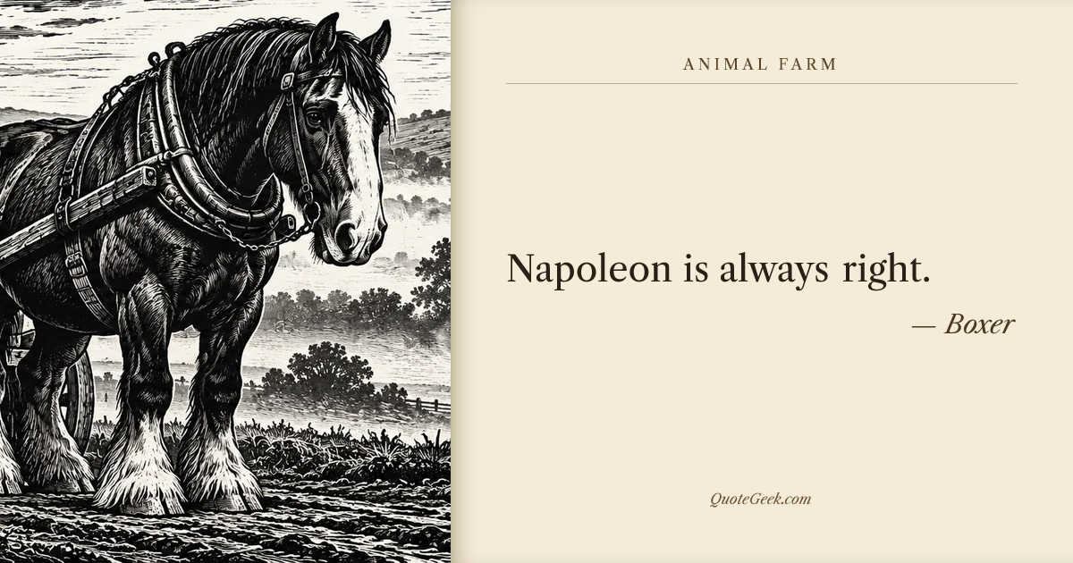 “Napoleon is always right.” — Boxer · Animal Farm. Illustrated QuoteGeek card.