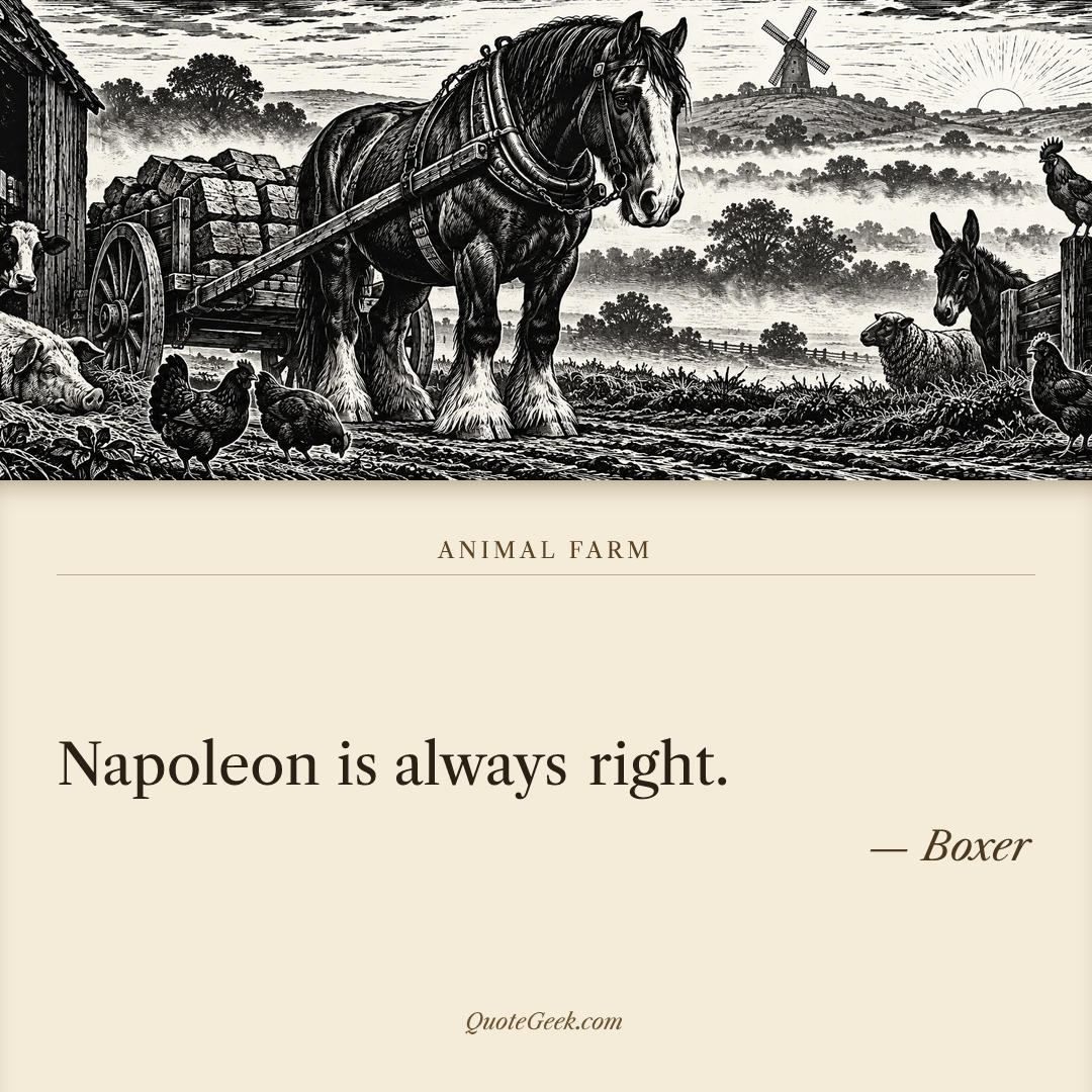 “Napoleon is always right.” — Boxer · Animal Farm. Illustrated QuoteGeek card.