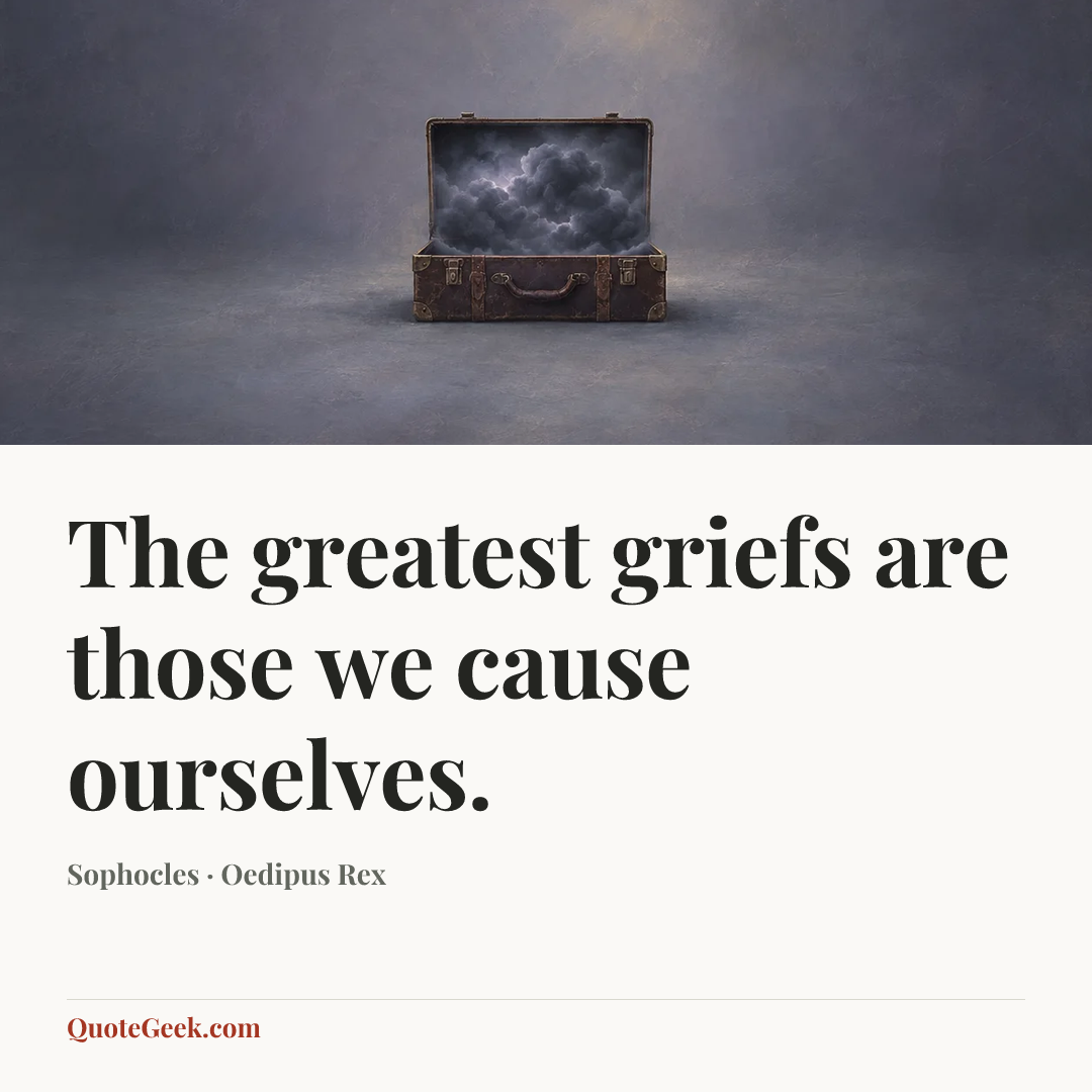 “The greatest griefs are those we cause ourselves.” — Sophocles · Oedipus Rex. Illustrated QuoteGeek card.