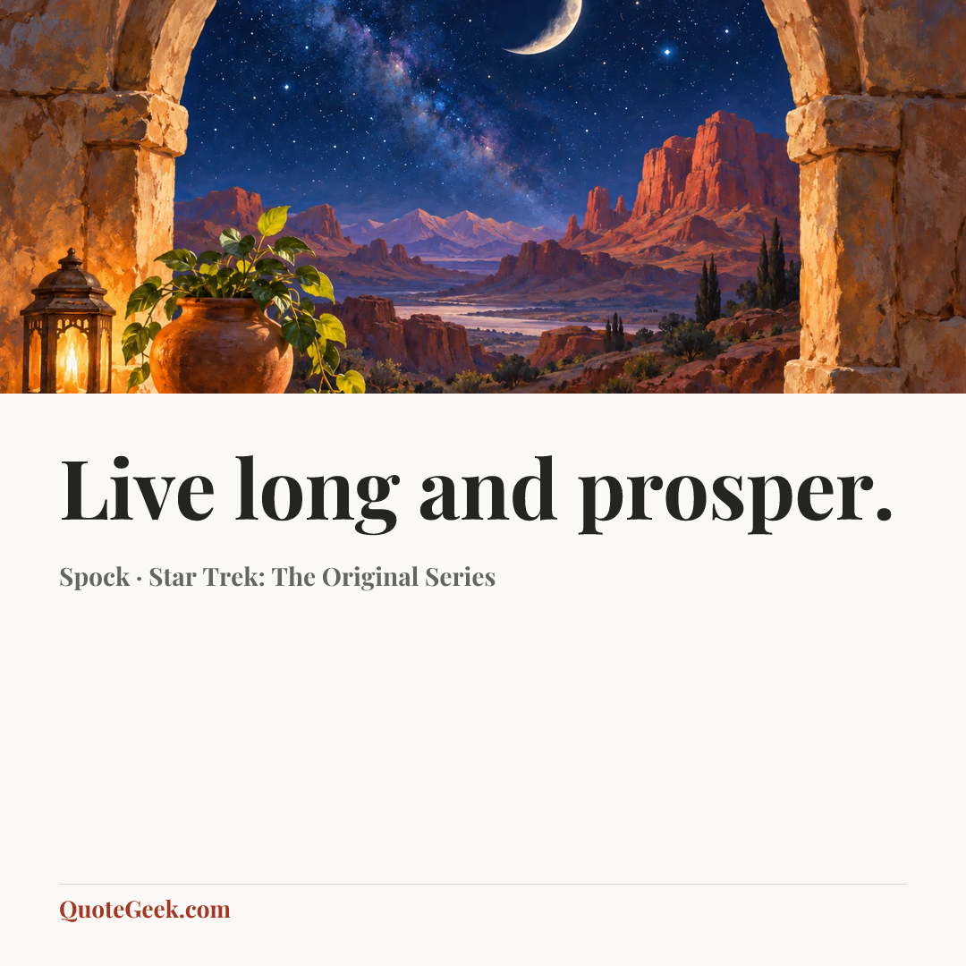“Live long and prosper.” — Spock · Star Trek: The Original Series. Illustrated QuoteGeek card.
