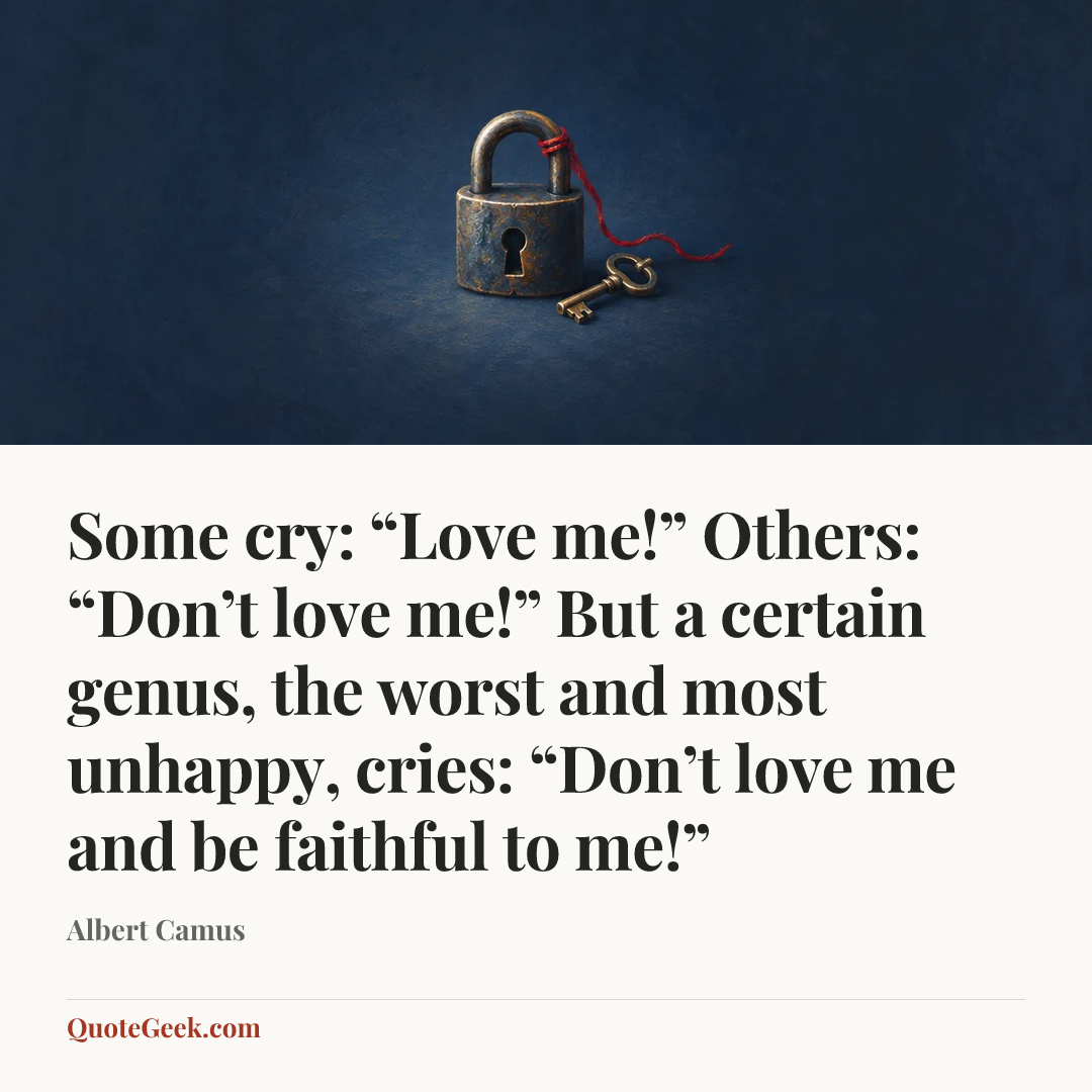 “Some cry: “Love me!” Others: “Don’t love me!” But a certain genus, the worst and most unhappy, cries: “Don’t love me and be faithful to me!”” — Albert Camus. Illustrated QuoteGeek card.