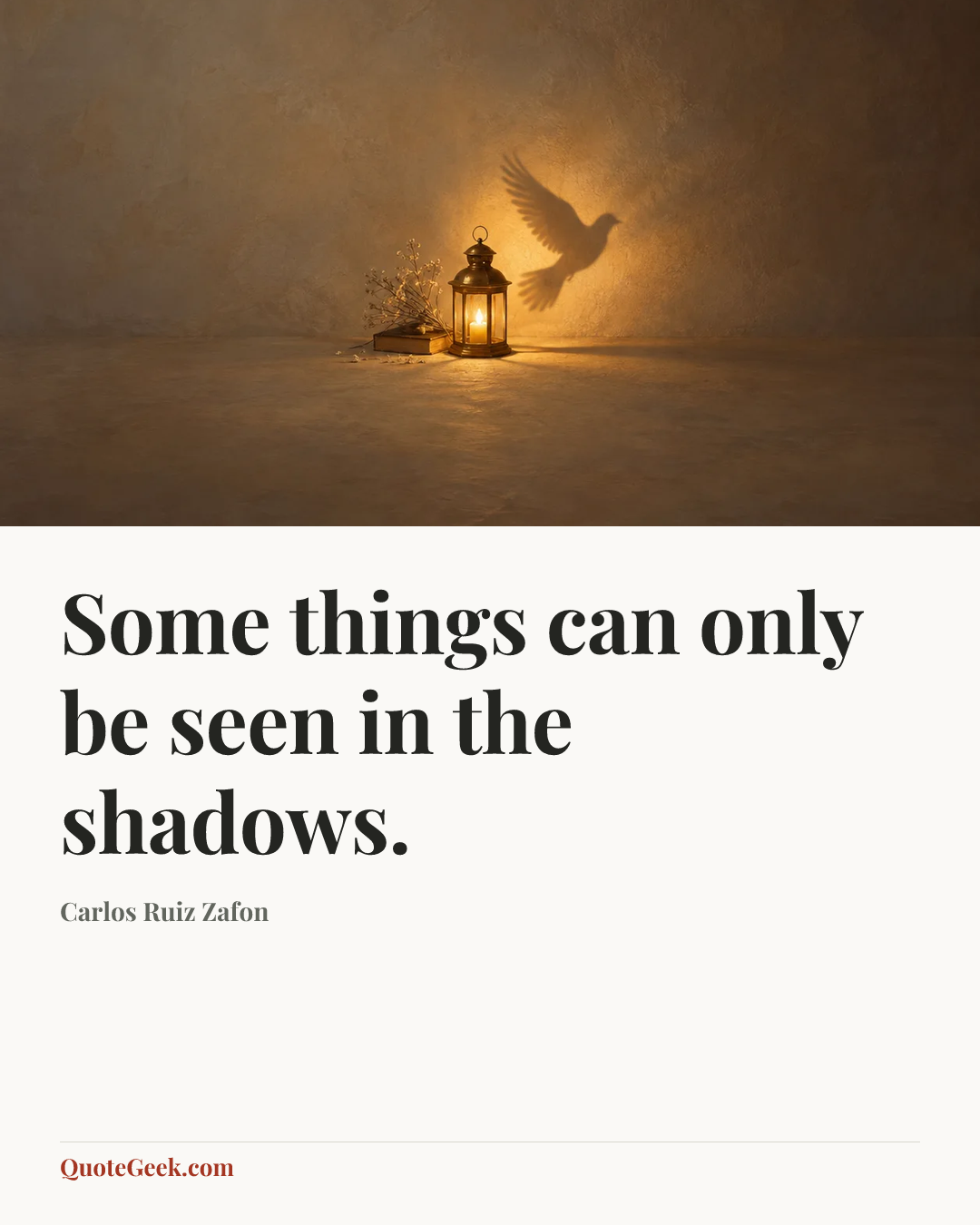 “Some things can only be seen in the shadows.” — Carlos Ruiz Zafon. Illustrated QuoteGeek card.