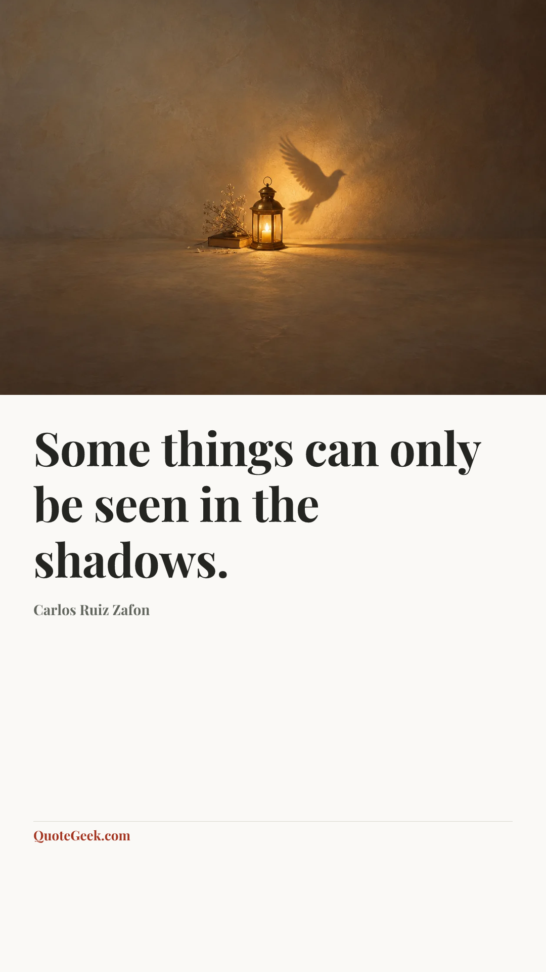 “Some things can only be seen in the shadows.” — Carlos Ruiz Zafon. Illustrated QuoteGeek card.