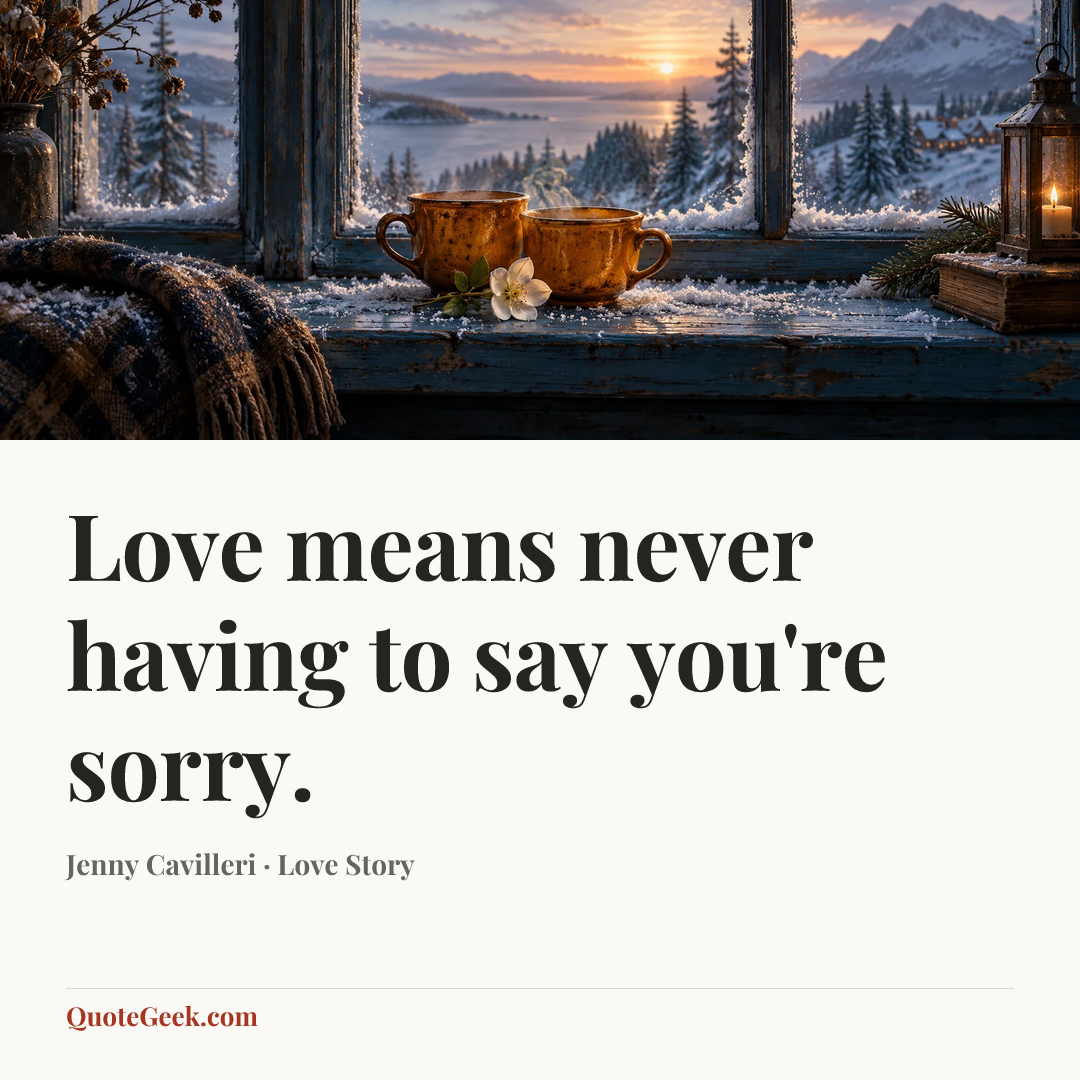“Love means never having to say you're sorry.” — Jenny Cavilleri · Love Story. Illustrated QuoteGeek card.
