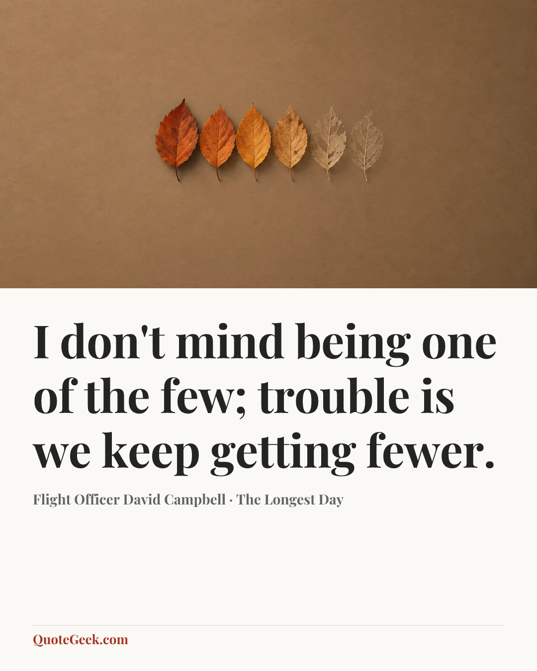 “I don't mind being one of the few; trouble is we keep getting fewer.” — Flight Officer David Campbell · The Longest Day. Illustrated QuoteGeek card.