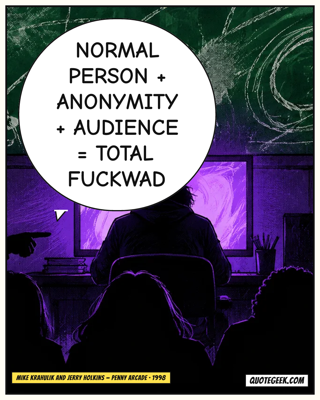 “Normal Person + Anonymity + Audience = Total Fuckwad” — Mike Krahulik and Jerry Holkins · Penny Arcade. Illustrated QuoteGeek card.