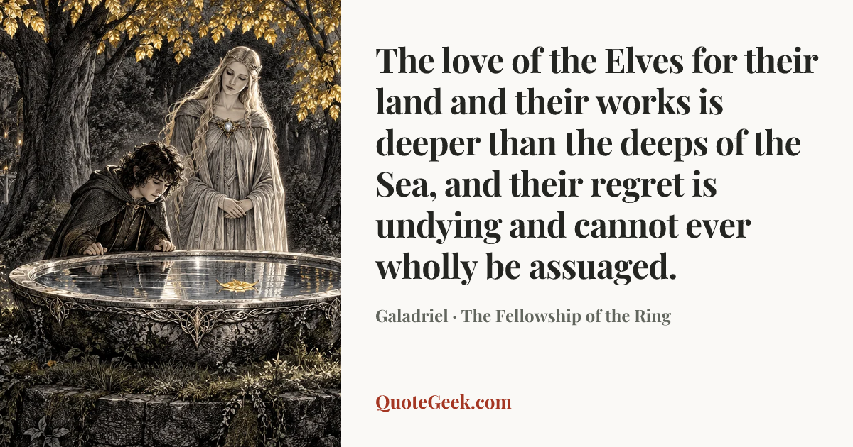 “The love of the Elves for their land and their works is deeper than the deeps of the Sea, and their regret is undying and cannot ever wholly be assuaged.” — Galadriel · The Fellowship of the Ring. Illustrated QuoteGeek card.