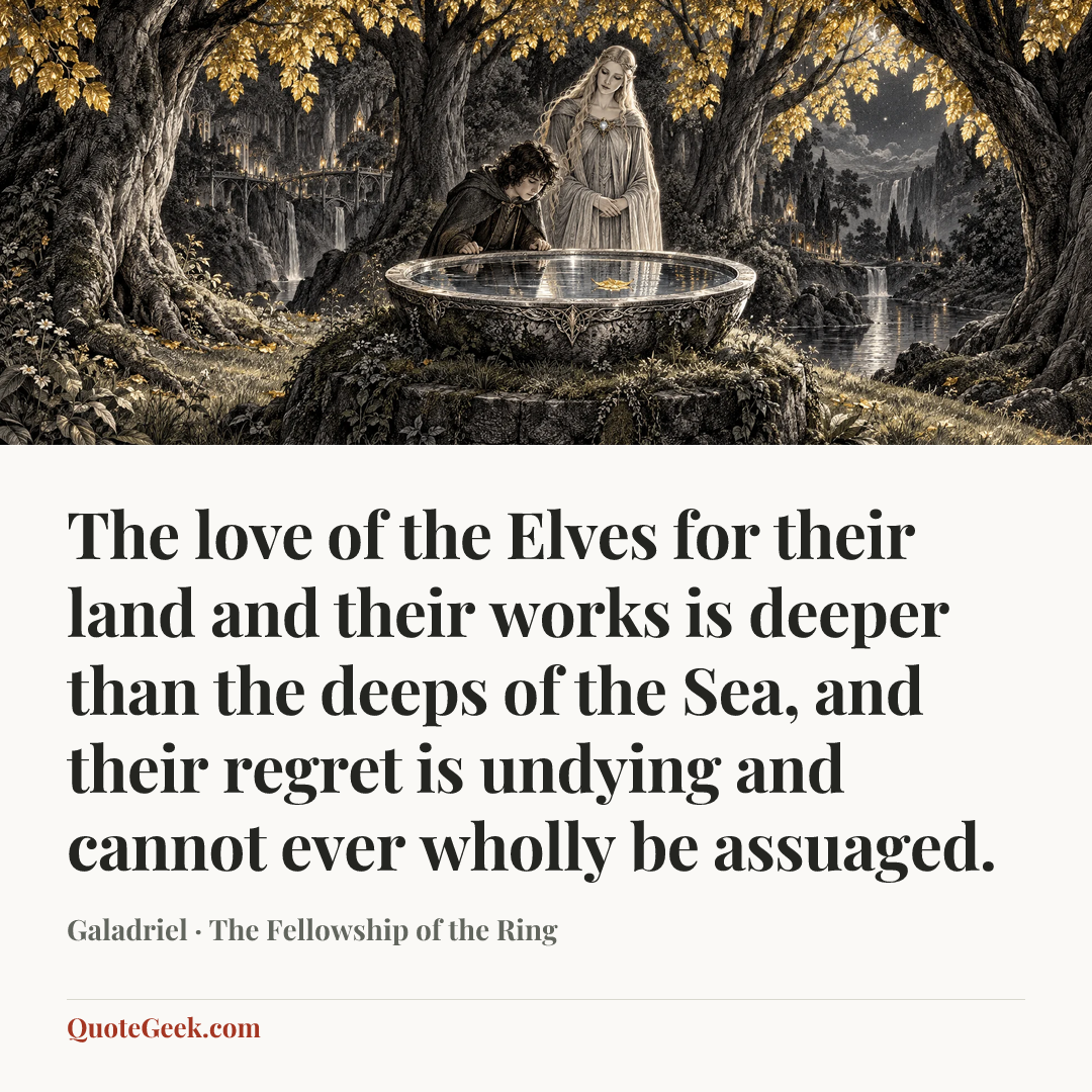 “The love of the Elves for their land and their works is deeper than the deeps of the Sea, and their regret is undying and cannot ever wholly be assuaged.” — Galadriel · The Fellowship of the Ring. Illustrated QuoteGeek card.
