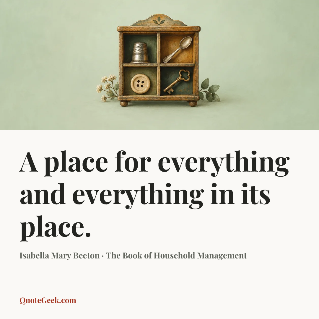 “A place for everything and everything in its place.” — Isabella Mary Beeton · The Book of Household Management. Illustrated QuoteGeek card.